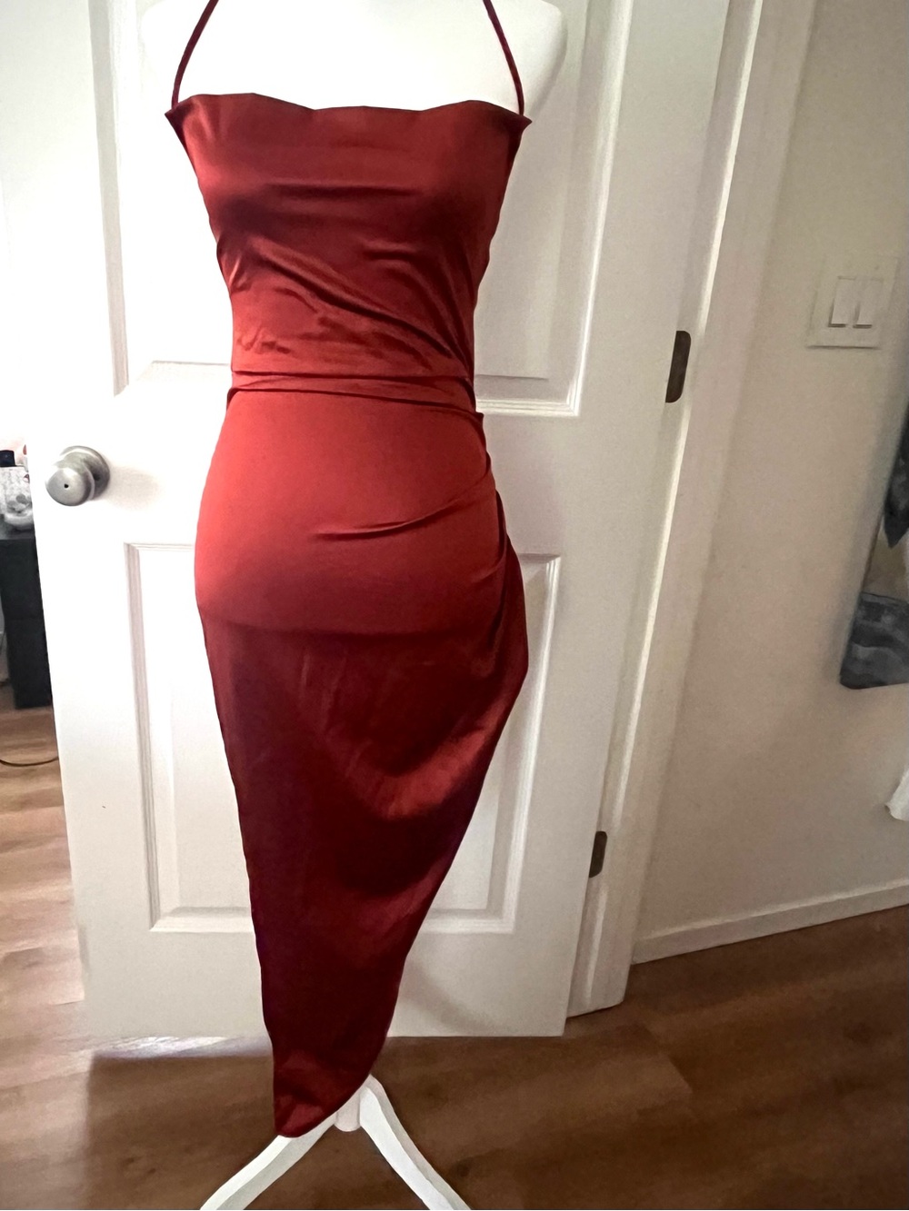 Fashion Nova One-Shoulder Satin Midi Dress in Rust